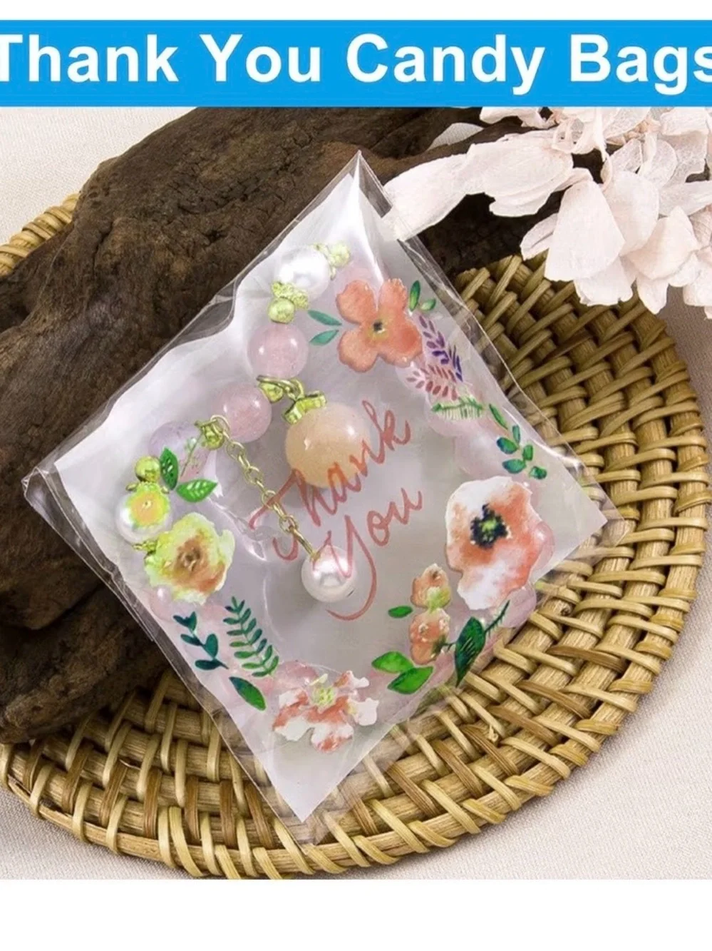 300 Pack Thank You Plastic Bags, Pink Flower Self Adhesive Bags 4”x4”